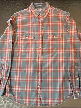 J. Crew Men’s Long-Sleeve Plaid Button-Up Shirt in Dusty Blue & Coral Size SMALL